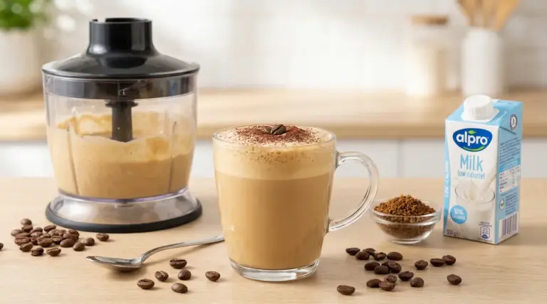 Crema al caffè preparata nel frullatore e servita in tazza di vetro con schiuma, chicchi di caffè e latte leggero
