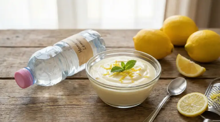 Crema al limone in ciotola con scorza e menta, accanto a limoni freschi e una bottiglia di plastica riciclata