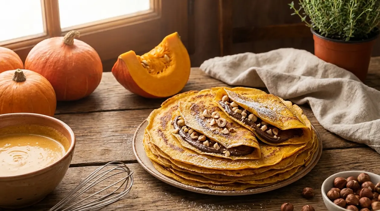 Piatto di crepes di zucca con crema al cioccolato e nocciole su tavolo rustico, con zucche e pastella accanto