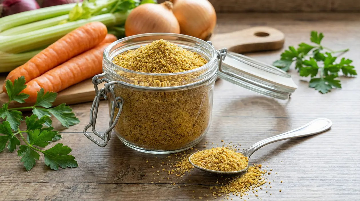 Barattolo di dado granulare fatto in casa con carote, sedano, cipolle e prezzemolo sul tavolo