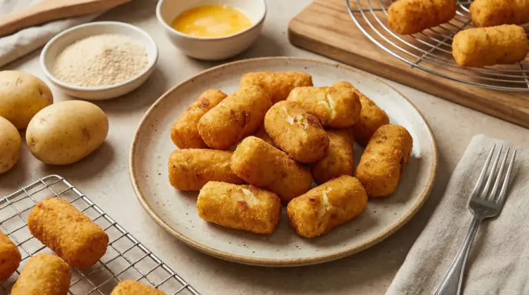 Crocchette di patate dorate su un piatto, con patate, pangrattato e uovo per la panatura