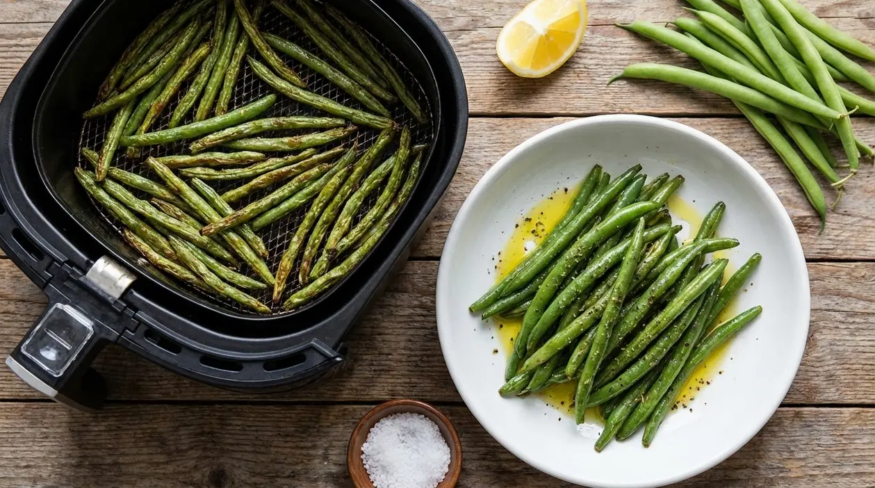 Fagiolini cotti in friggitrice ad aria e serviti con olio, pepe e limone su tavolo di legno