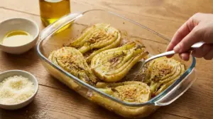 Pirofila con finocchi al forno gratinati, con olio e formaggio, pronti da servire