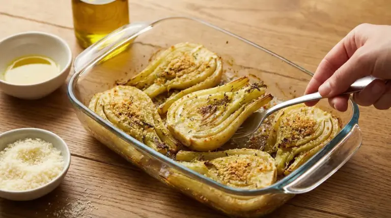 Pirofila con finocchi al forno gratinati, con olio e formaggio, pronti da servire
