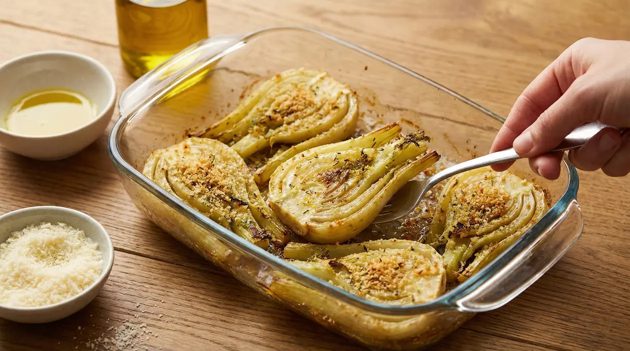 Pirofila con finocchi al forno gratinati, con olio e formaggio, pronti da servire