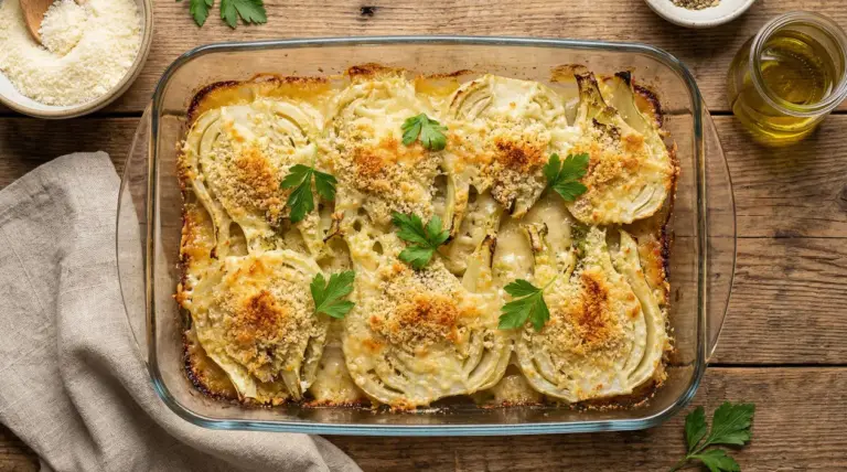 Pirofila di finocchi al forno gratinati con formaggio e pangrattato dorato su tavolo rustico
