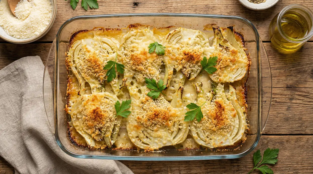 Pirofila di finocchi al forno gratinati con formaggio e pangrattato dorato su tavolo rustico