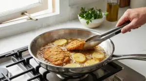 Padella sul fuoco con cotolette e patate fritte, mentre una persona gira il cibo vicino alla finestra aperta