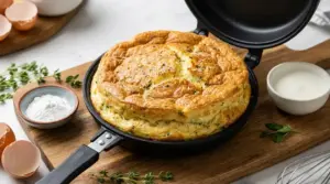 Frittata alta e soffice in padella, con uova, latte e polvere lievitante accanto
