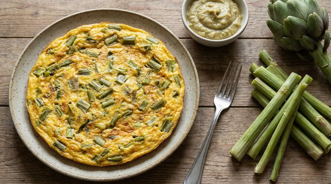 Frittata con gambi di carciofi su piatto, con carciofo intero e steli puliti su tavolo in legno