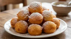 Piatto di frittelle di Carnevale gonfie e leggere, spolverate con zucchero a velo