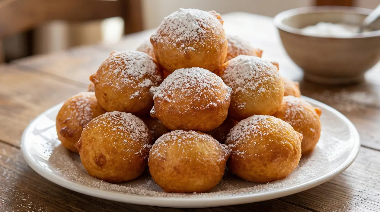 Piatto di frittelle di Carnevale gonfie e leggere, spolverate con zucchero a velo