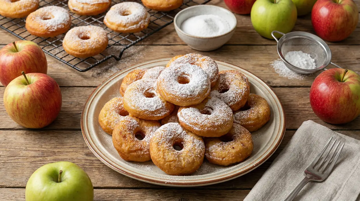 Frittelle di mele al forno spolverate di zucchero a velo su un piatto, con mele fresche su tavolo rustico