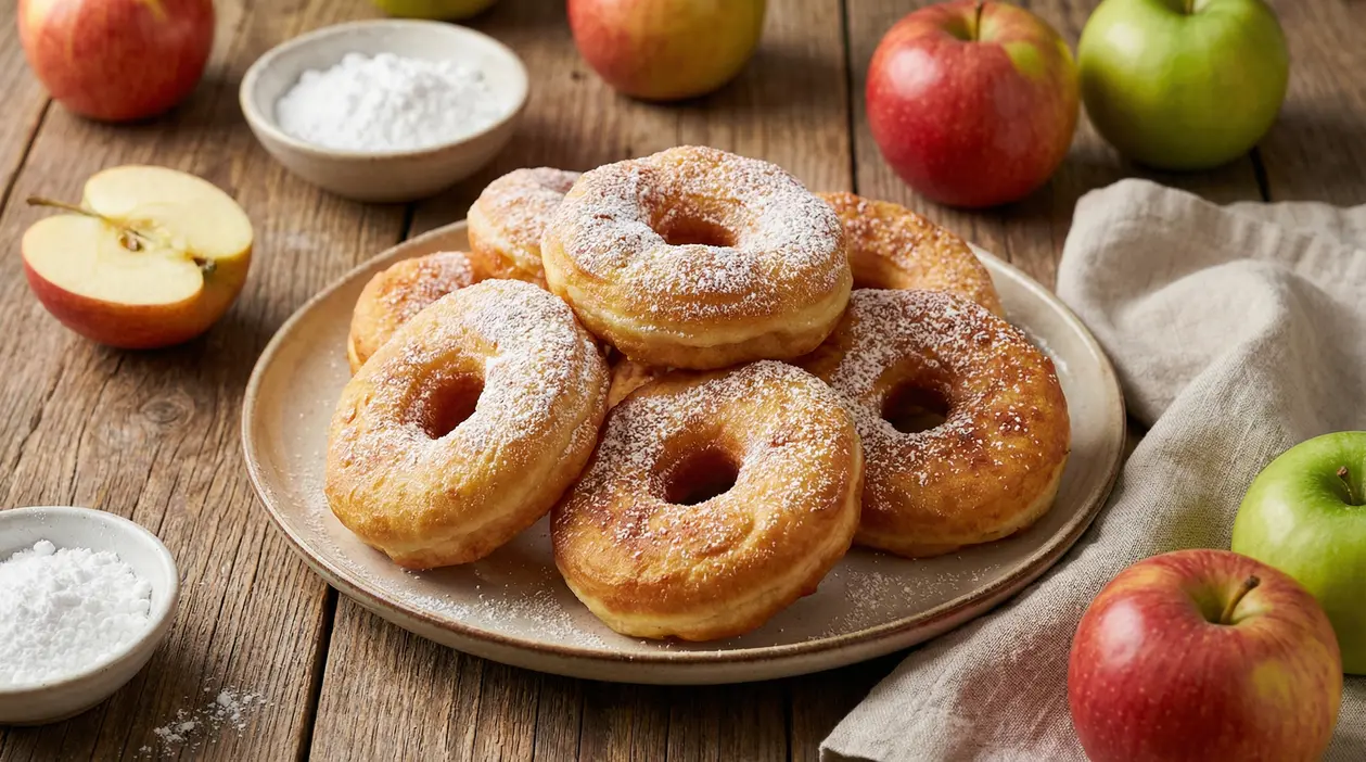 Frittelle di mele leggere al forno con zucchero a velo, servite su un piatto rustico tra mele fresche