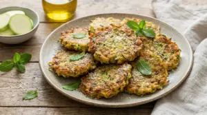 Frittelle di zucchine leggere e croccanti servite su un piatto, con zucchine a fette e olio sullo sfondo