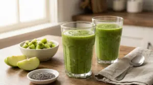 Due bicchieri di frullato verde con kiwi, mela e semi di chia su un tavolo per una colazione leggera