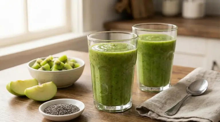 Due bicchieri di frullato verde con kiwi, mela e semi di chia su un tavolo per una colazione leggera