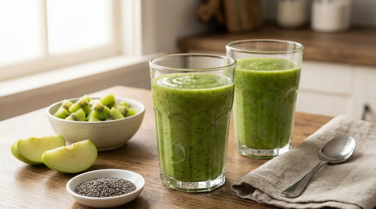 Due bicchieri di frullato verde con kiwi, mela e semi di chia su un tavolo per una colazione leggera