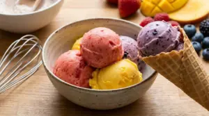 Ciotola con gelati alla frutta light cremosi e cono ai frutti di bosco su tavolo di legno