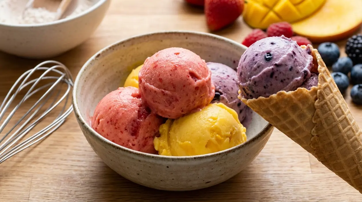 Ciotola con gelati alla frutta light cremosi e cono ai frutti di bosco su tavolo di legno