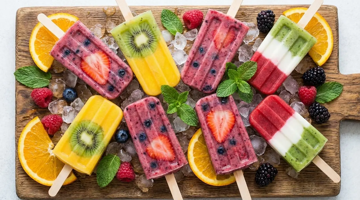 Ghiaccioli fatti in casa alla frutta su ghiaccio, con kiwi, fragole, frutti di bosco e fette d’arancia