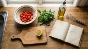 Ingredienti semplici su un tavolo da cucina: pomodorini, basilico, olio, limone e ricettario aperto