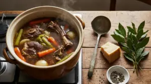 Pentola con brodo di carne fumante, verdure, alloro e un pezzo di formaggio su tavolo rustico
