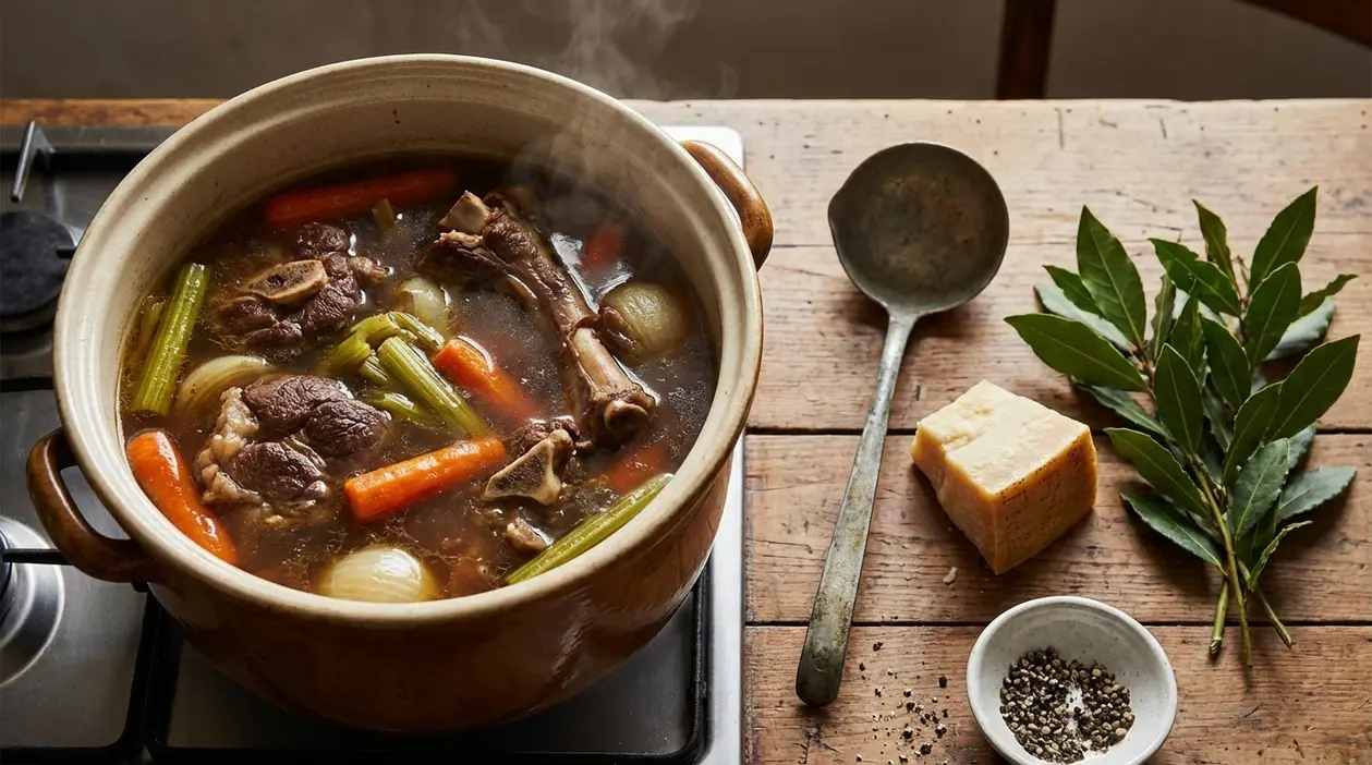 Pentola con brodo di carne fumante, verdure, alloro e un pezzo di formaggio su tavolo rustico