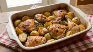 Pollo al forno dorato con patate, aglio e rosmarino in una pirofila rustica
