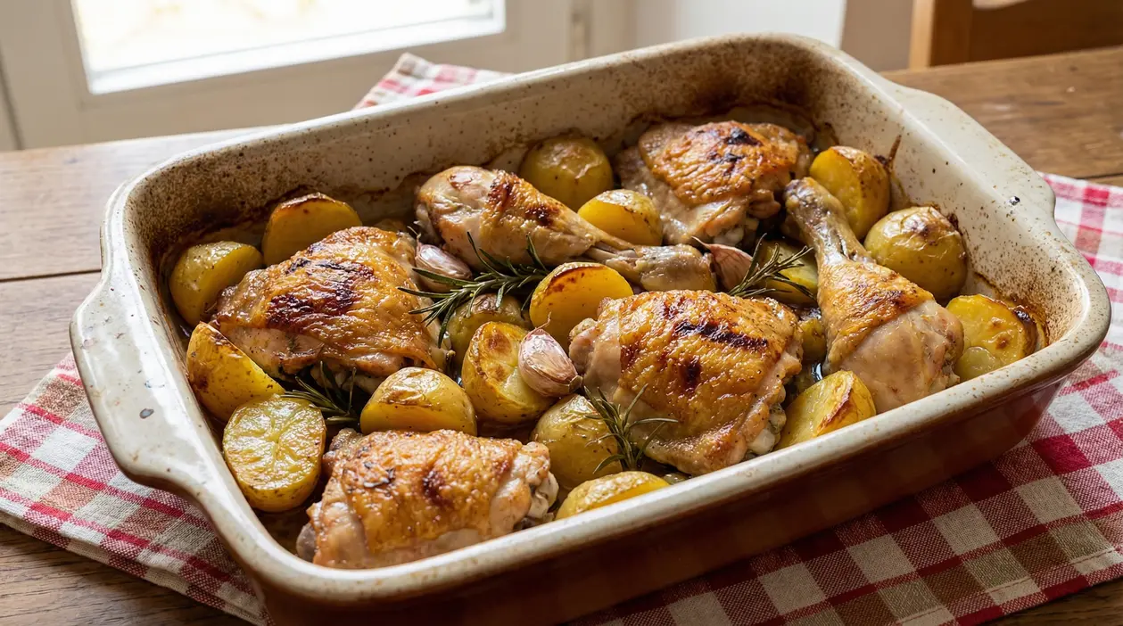 Pollo al forno dorato con patate, aglio e rosmarino in una pirofila rustica