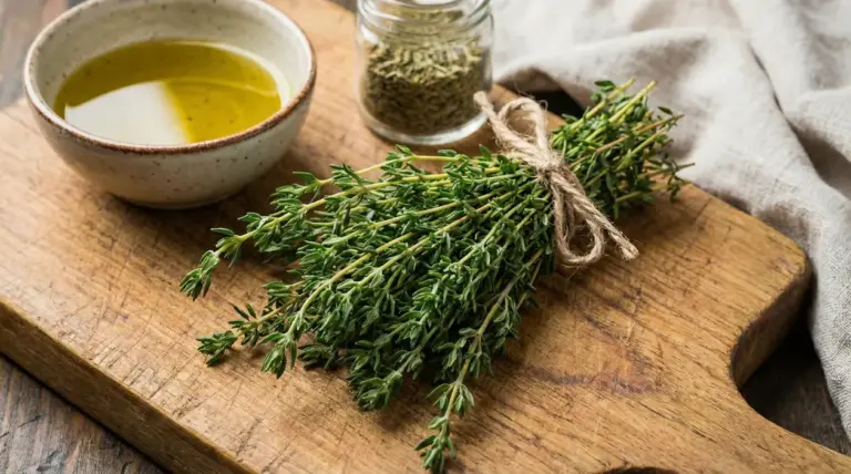 Mazzo di timo fresco su tagliere con olio e timo essiccato, usato per condire i piatti della cucina francese