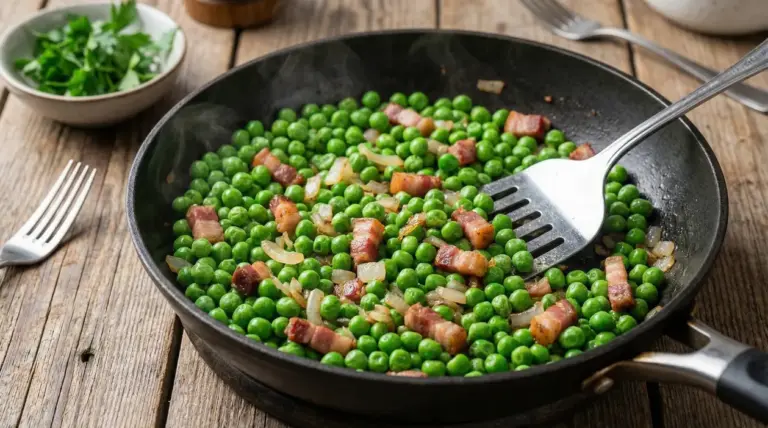 Piselli surgelati saltati in padella con cipolla e pancetta, ancora sodi e brillanti