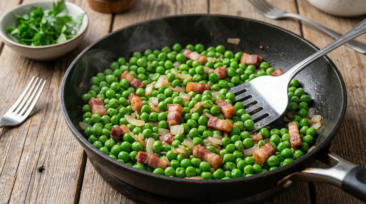 Piselli surgelati saltati in padella con cipolla e pancetta, ancora sodi e brillanti