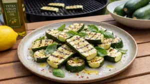 Piatto di zucchine grigliate condite con olio, limone e basilico, con barbecue e zucchine fresche sullo sfondo