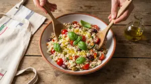 Insalata di riso con pomodorini, olive e basilico mescolata in una ciotola su tavolo rustico