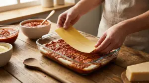 Persona che dispone una sfoglia di lasagna su ragù e besciamella in una pirofila di vetro