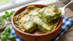Porzione di lasagne al pesto appena sfornate in una teglia, con formaggio fuso e foglie di basilico