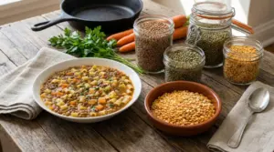 Zuppa di lenticchie con pasta e verdure su tavolo rustico, con legumi secchi in barattoli e ciotola