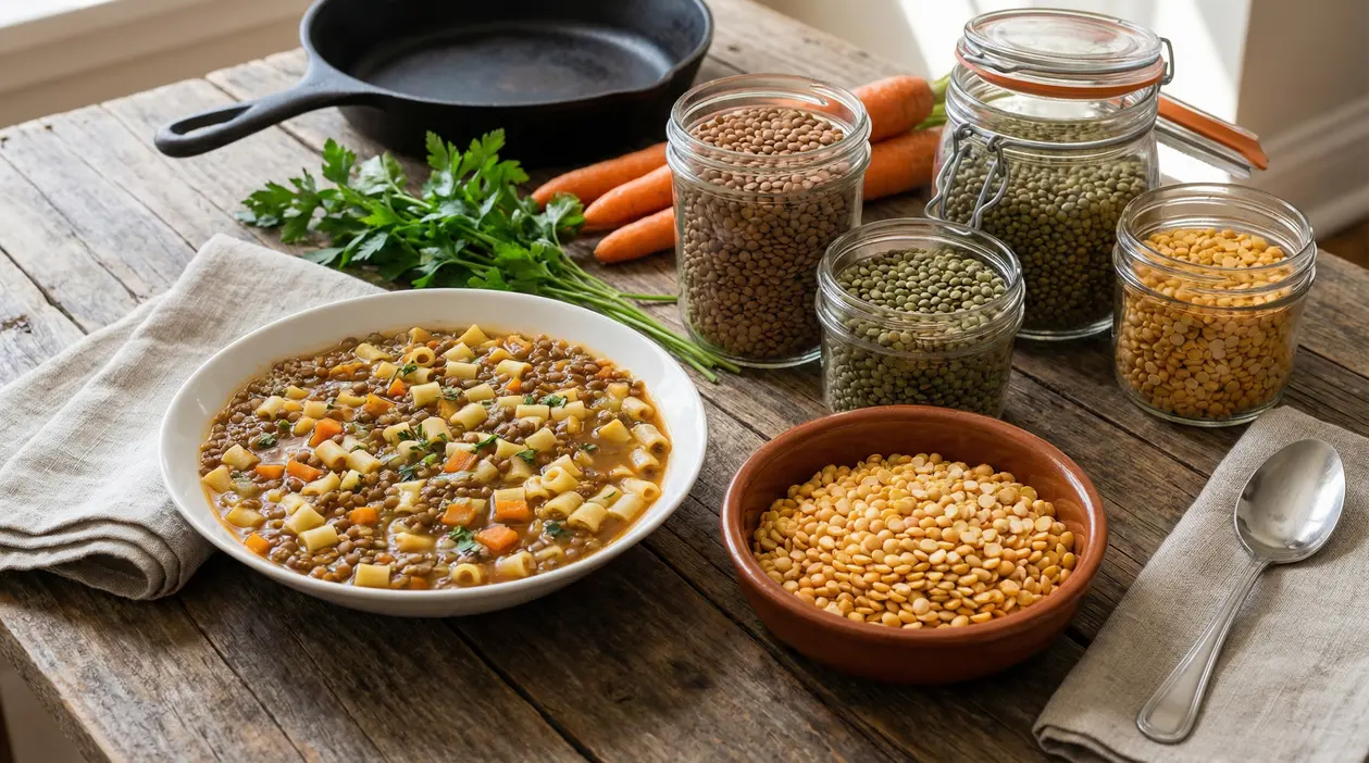 Zuppa di lenticchie con pasta e verdure su tavolo rustico, con legumi secchi in barattoli e ciotola