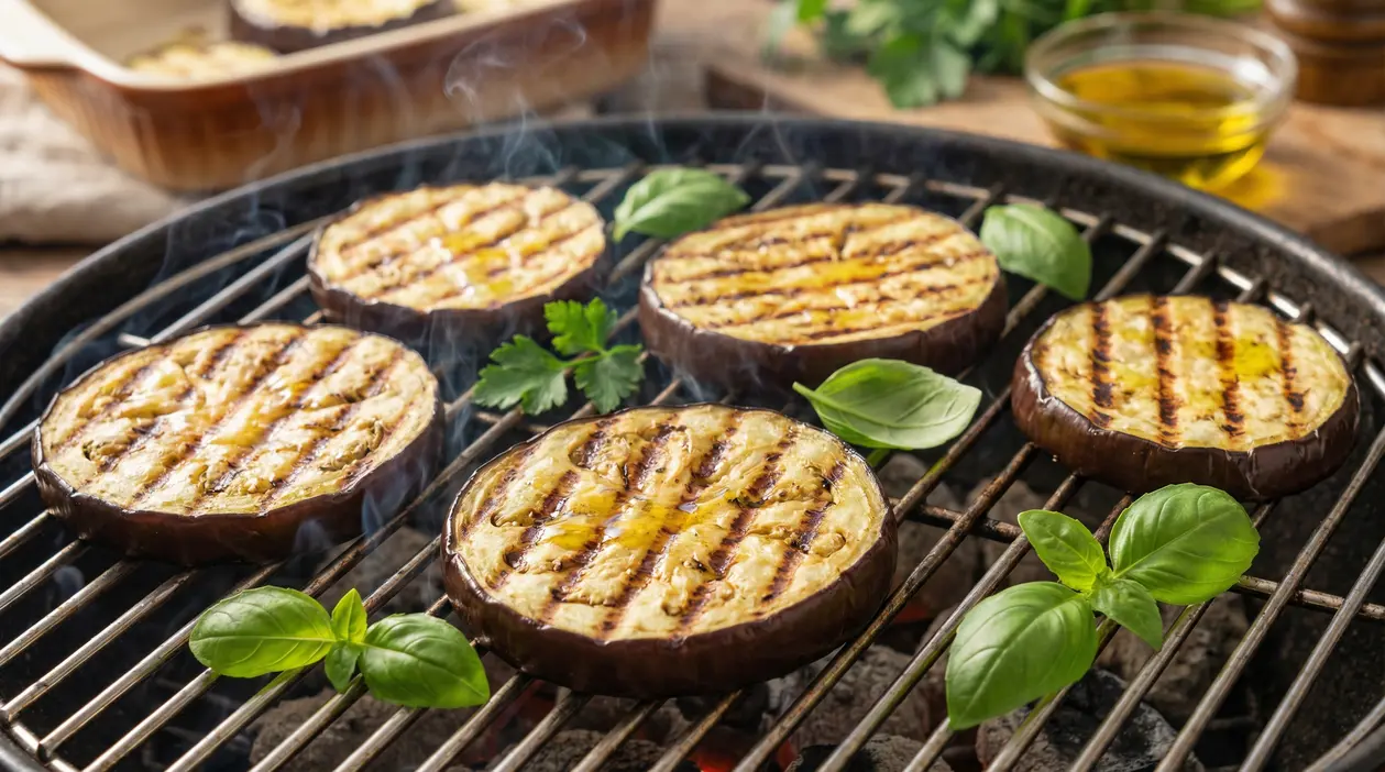 Fette di melanzane grigliate sulla griglia con olio d'oliva e foglie di basilico
