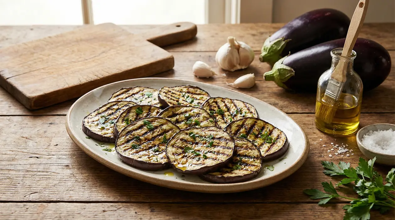 Fette di melanzane grigliate su un piatto con olio, aglio e prezzemolo su tavolo rustico