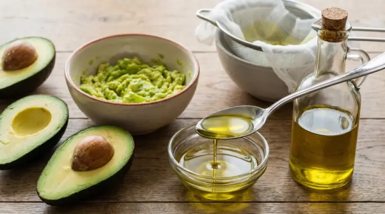 Avocado tagliati, polpa schiacciata e olio filtrato in ciotola e bottiglia su un tavolo di legno