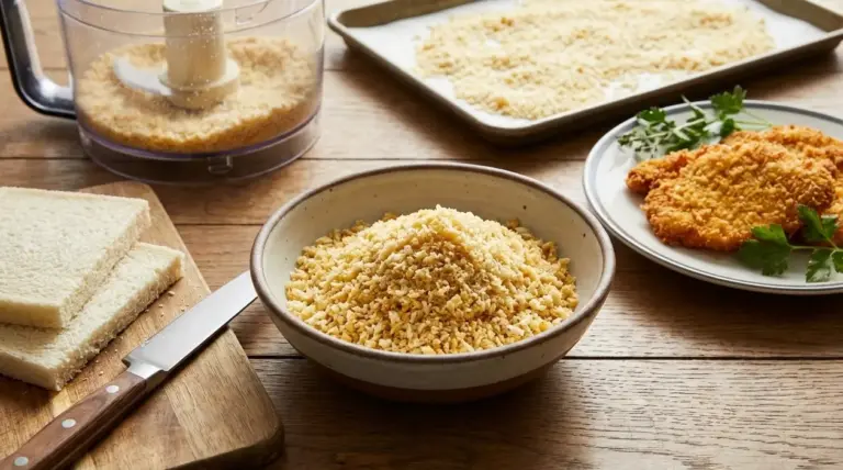 Panko fatto in casa in una ciotola con pane in cassetta, robot da cucina e cotoletta impanata su tavolo di legno