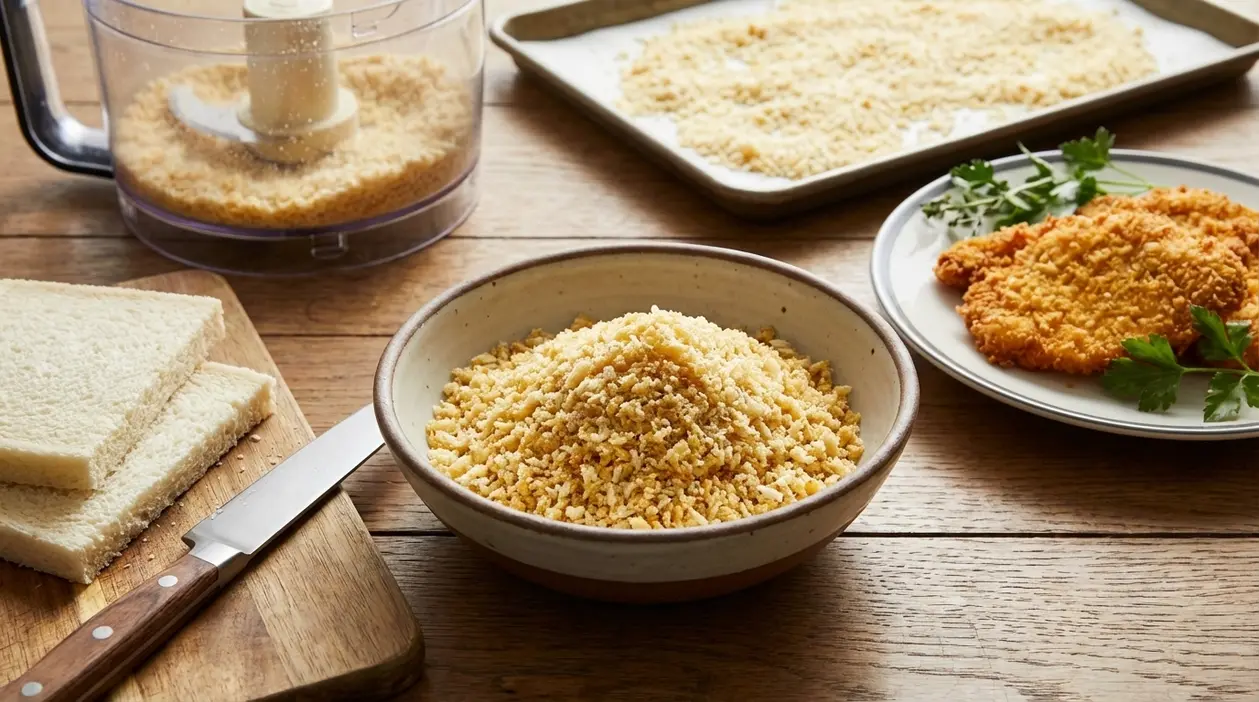 Panko fatto in casa in una ciotola con pane in cassetta, robot da cucina e cotoletta impanata su tavolo di legno