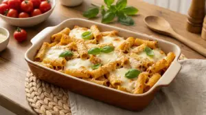 Teglia di pasta al forno veloce con rigatoni, formaggio filante e basilico su tavolo di legno