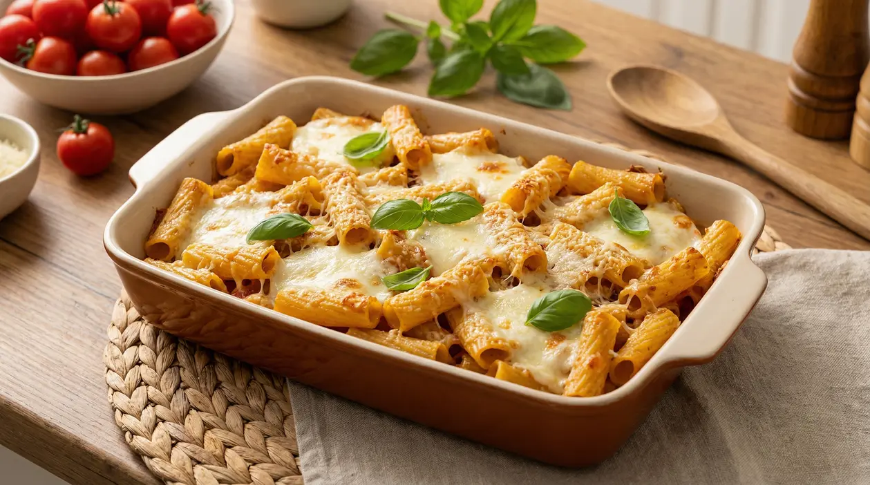 Teglia di pasta al forno veloce con rigatoni, formaggio filante e basilico su tavolo di legno