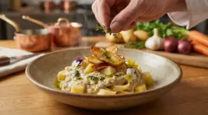 Piatto gourmet di pasta e patate cremosa con chips di patate, erbe aromatiche e fiori edibili