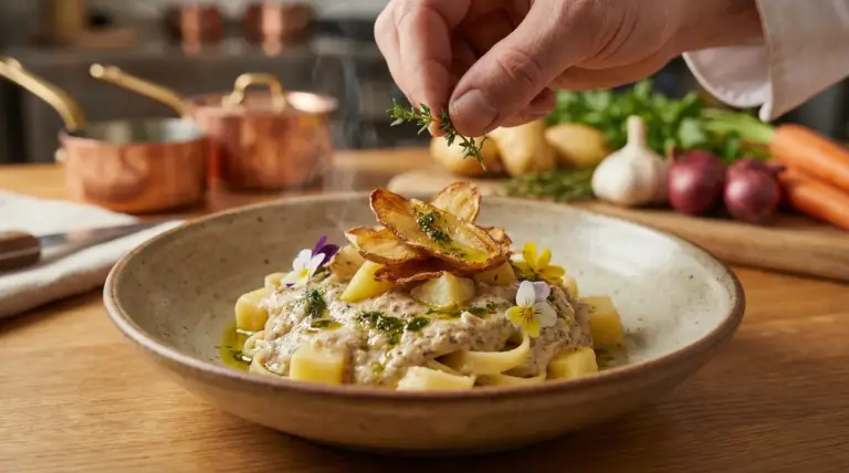 Piatto gourmet di pasta e patate cremosa con chips di patate, erbe aromatiche e fiori edibili