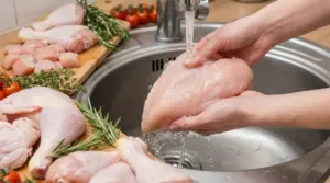 Persona che lava petto di pollo crudo sotto l’acqua nel lavello della cucina