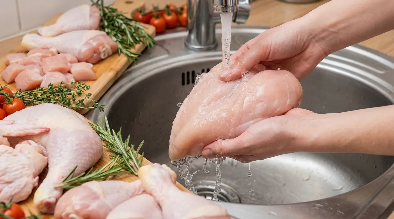 Persona che lava petto di pollo crudo sotto l’acqua nel lavello della cucina